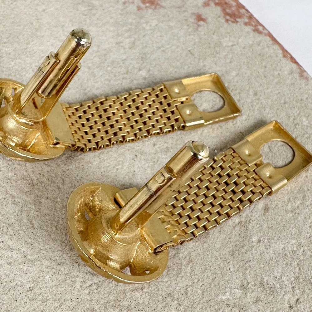Vintage Gold Tone Mesh Cufflinks Tiger's Eye‎ Cabochon Starburst 1960s-70s Retro